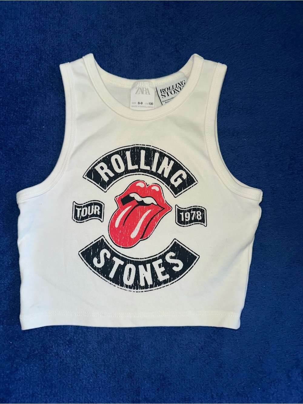 Zara Girls Rolling Stones White Crop Tank Top Tee Shirt Size 8-9